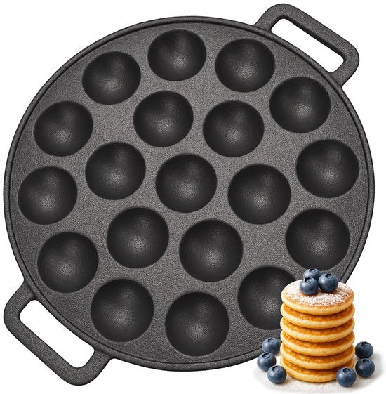 Chefino Poffertjespan Gietijzer 24 cm – 19 Poffertjes Tegelijk – Geschikt voor Gas, Inductie, Keramisch en Oven – BPA-vrij, Anti-aanbaklaag