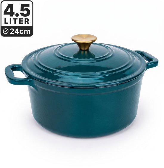 Gietijzeren Braadpan met Deksel – 24 cm – 4,5 Liter – Geëmailleerde Stoofpan – Geschikt voor Inductie, Gas, Elektrisch en Oven – Groen
