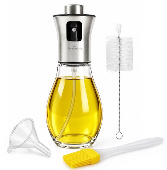 Oliespray 200 ml – Olieverstuiver voor Koken, Airfryer & BBQ – Fijne Verneveling – Glazen Oliespuit – RVS Drukknop – Inclusief Trechter, Reinigingsborstel & Bakkwast