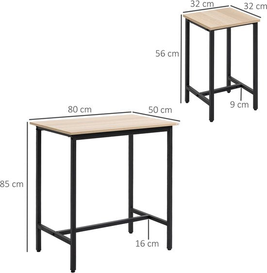 Bartafelset in industrieel design, 3-delig, 1 tafel, 2 krukken, Zwart + Natuur