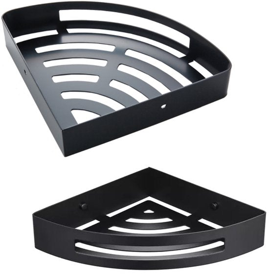Hoek Doucherek Zwart – Badkamer Hoekplank met Schroefmontage – Roestvrij & Waterafvoer – 22 × 22 cm