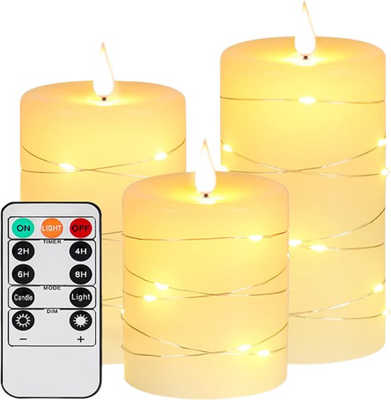 NovaWare LED Kaarsen met Bewegende Vlam - Set van 3 - Kaarsen op batterijen met afstandsbediening – Elektrische Kaarsen - Flikkerende vlam - Oplaadbaar - Timer en Dimfunctie - Ivoor