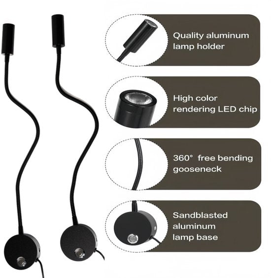 DMG Supply Bed Leeslampjes - Set van 2 - Mat Zwart - Dimbaar - Leeslamp - Wandlamp - Hoofdbord