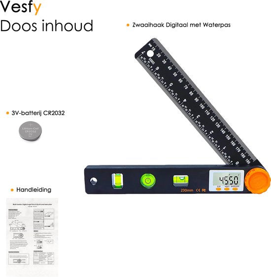 Vesfy Zwaaihaak Digitaal met Waterpas - 320mm - 360 Graden - Hoekmeter - Blokhaak - Winkelhaak
