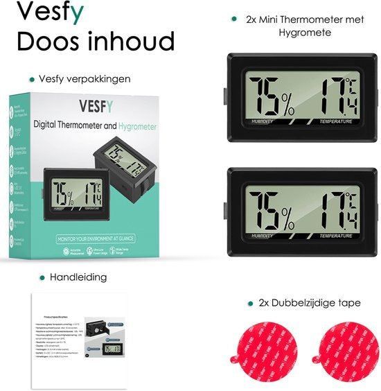 Mini Thermometer met Hygrometer - Incl - Hygrometer binnen - Thermometer binnen