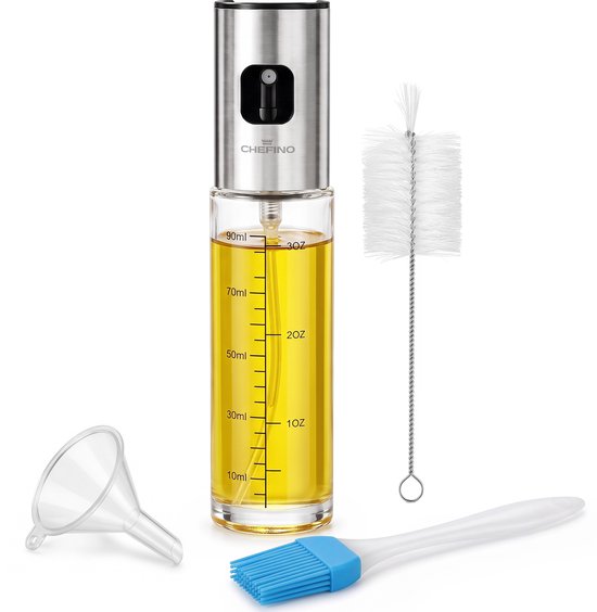 Oliespray Fles 90 ml – Olijfolie Spray met Fijne Nevel – Olieverstuiver met Maatverdeling – Inclusief Trechter, Reinigingsborstel & Siliconen Bakkwast – Voor Airfryer, BBQ en Salade