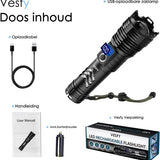 Vesfy LED Zaklamp Oplaadbaar - 10000 Lumen - 5 Lichtstanden - Militaire Zaklamp - IPX6 Waterdicht - Voor Noodpakket & Camping