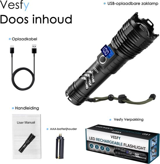 Vesfy LED Zaklamp Oplaadbaar - 10000 Lumen - 5 Lichtstanden - Militaire Zaklamp - IPX6 Waterdicht - Voor Noodpakket & Camping