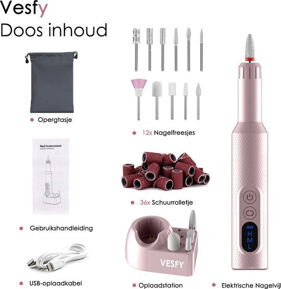 Vesfy Elektrische Nagelvijl - 20000 RPM - Draadloos & Oplaadbaar - 12 Bitjes + 36 Schuurrolletjes - Manicure & Pedicure - Valentijn