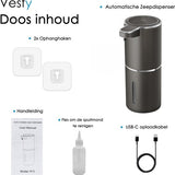Vesfy Automatische Zeepdispenser Zwart met Wandmontage - USB Oplaadbaar - Infrarood Sensor en Foamfunctie - 380ml - Zeeppompje
