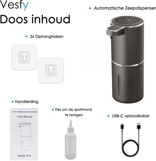 Vesfy Automatische Zeepdispenser Zwart met Wandmontage - USB Oplaadbaar - Infrarood Sensor en Foamfunctie - 380ml - Zeeppompje