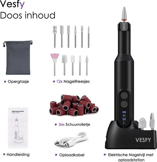 Vesfy Nagelfrees met 12 Nagelvijl Bitjes - Incl. 36 Schuurrolletjes - Pedicureset Professioneel - Nagelvijl Electrisch - Nagellak