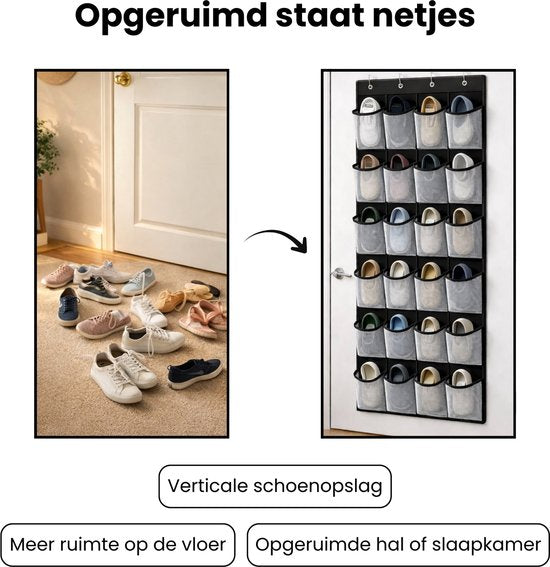 Schoenenkast Hangend - Schoenenzak 24 vakken - Opbergen van Schoenen aan Deur - Schoenenzak Zwart - Wit - Oplossing voor rondslingerende schoenen - Hoogwaardige Schoenenkast