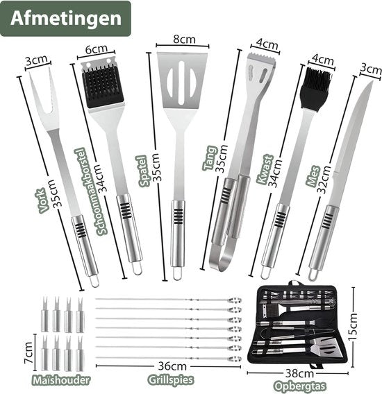 Chefino BBQ Accessoires Set – 21-delig BBQ Pakket – Compleet RVS Barbecue Accessoires met Draagtas – Roestvrijstaal Kamado Accessoires