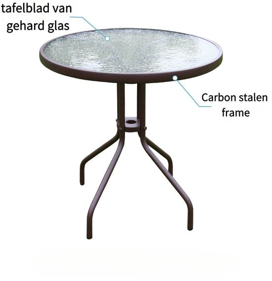 Ronde Glazen Tuintafel – Ø60 cm – Gehard Glas & Stalen Frame – Weerbestendig – Perfect voor Tuin, Balkon & Terras