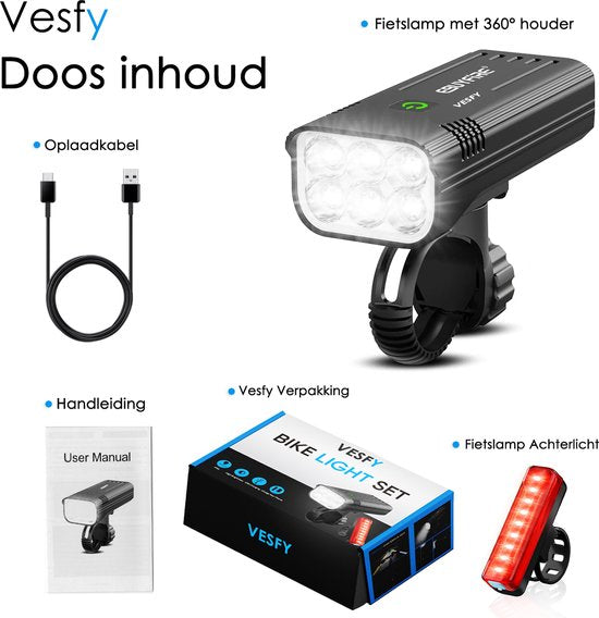 Vesfy Fietslampjes Set - Voorlicht & Achterlicht - USB Oplaadbaar - 1000 Lumen - Waterdicht IPX5 - Fietsverlichting voor Stadsfiets, MTB & Racefiets