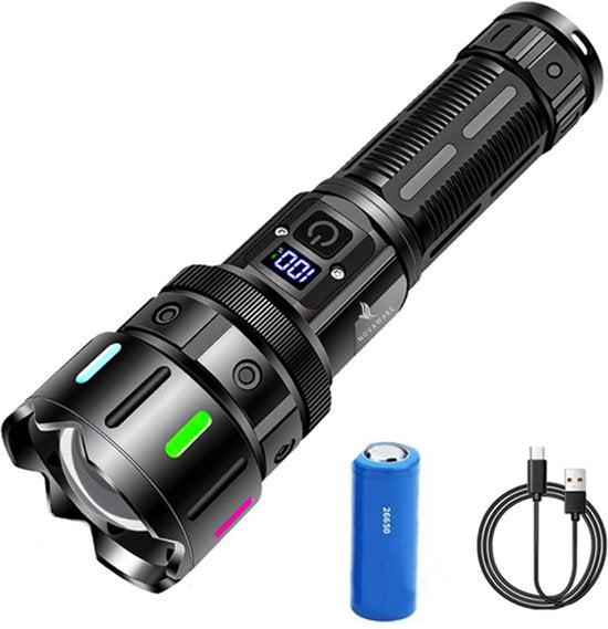 NovaWare® Zaklamp LED Oplaadbaar - Militaire Zaklamp op Batterijen - Powerbank Functie - Noodverlichting - 5 Standen - 5000mAh Batterij - 2500 Lumen - Noodpakket - Zwart