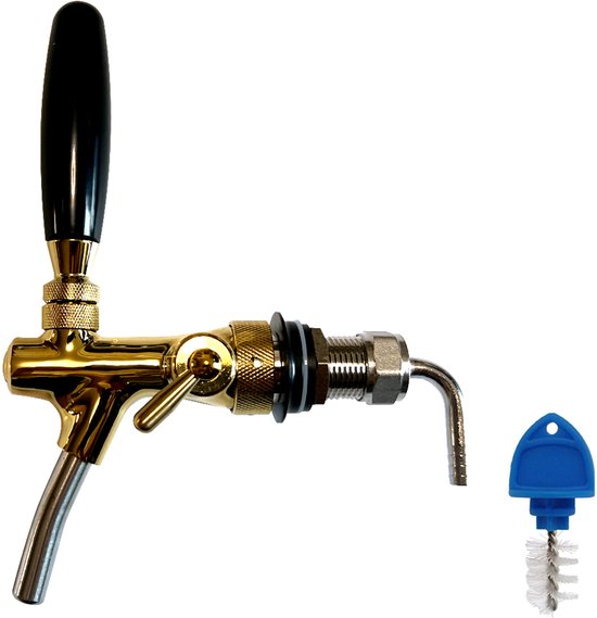 Biertap Kraan Goudkleurig RVS met Zwarte Hendel – Luxe Tapkraan voor Thuistap & Horeca incl. Reinigingsborstel