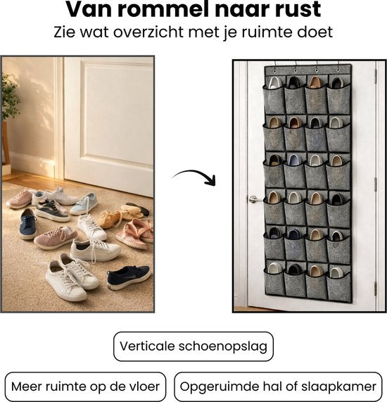 Schoenenkast Hangend - Schoenenzak 24 vakken - Opbergen van Schoenen aan Deur - Schoenenzak Grijs - Oplossing voor rondslingerende schoenen - Hoogwaardige Schoenenkast