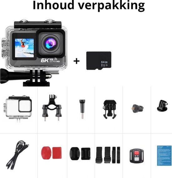 NovaWare Action Camera 6k - 50MP - Vlog Camera - Onderwater Camera - Actie Camera - Waterdicht tot 30M - Ultra 4K met 60FPS - Beeldstabilisatie EIS - IMX sensor