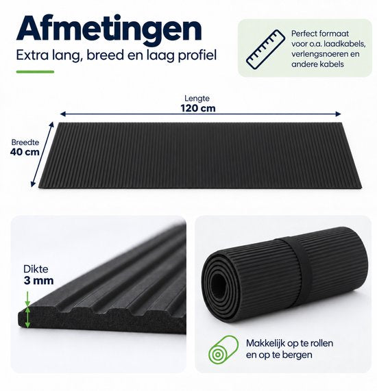 Kabelmat voor Vloer – Kabelbeschermer voor Laadkabel & Verlengsnoer – Oprolbare Kabelbrug – 3 mm Dik – Zwart – 120 X 40 cm