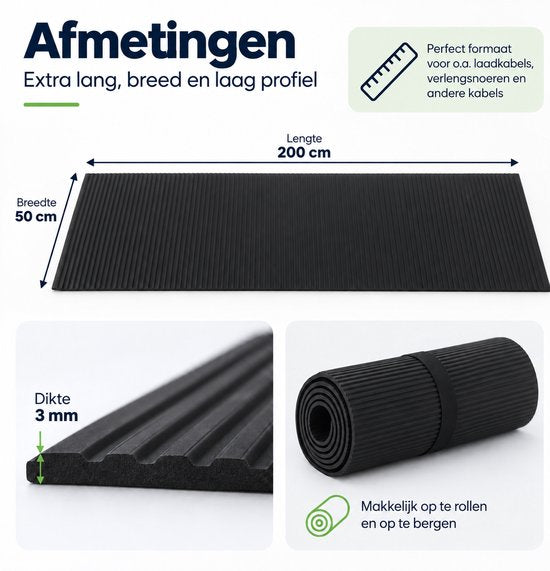 Kabelmat voor Vloer – Kabelbeschermer voor Laadkabel & Verlengsnoer – Oprolbare Kabelbrug – 3 mm Dik – Zwart – 200 X 50 cm