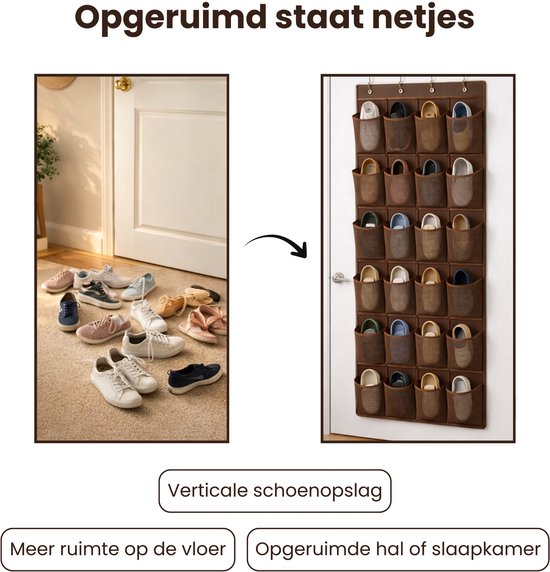 Schoenenkast Hangend - Schoenenzak 24 vakken - Opbergen van Schoenen aan Deur - Schoenenzak Bruin - Oplossing voor rondslingerende schoenen - Hoogwaardige Schoenenkast