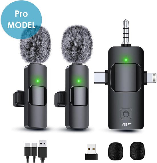 Vesfy Pro Microfoon Draadloos - Geschikt voor iPhone, Android en Camera - Plug & Play - 20 Meter Bereik - 2 Stuks - Microfoon
