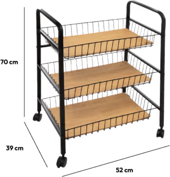 5Five® Serveerwagen met 3 draadstaal opbergvakken 52x39x70 cm - Zwart