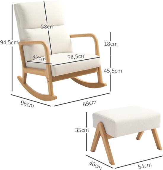 Schommelstoel met Kruk - Zachte Bekleding Linnenlook - Houten Frame - Crèmewit