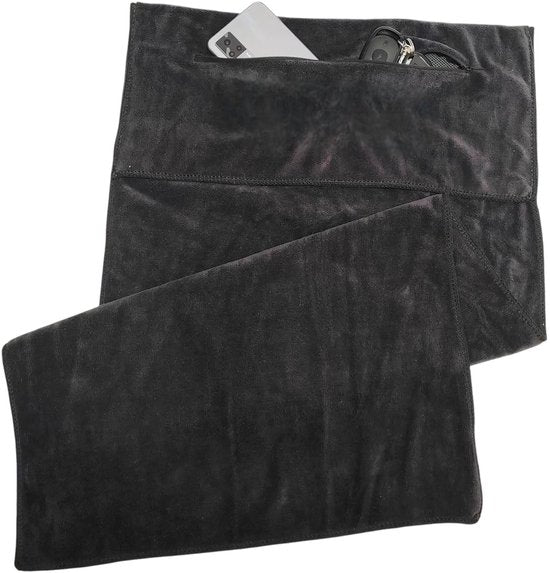 SparkNine Microvezel Handdoek - met ritsvak - S - 38x94 cm - zwart - handig & functioneel - sneldrogend - absorberend & super zacht