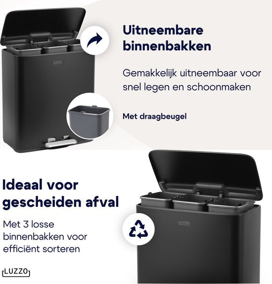 Luzzo® Pedaalemmer 51 liter - 3x17 ltr - Afvalbak Afvalscheiding - Zwart