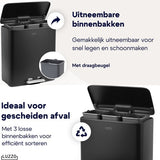 Luzzo® Pedaalemmer 51 liter - 3x17 ltr - Afvalbak Afvalscheiding - Zwart