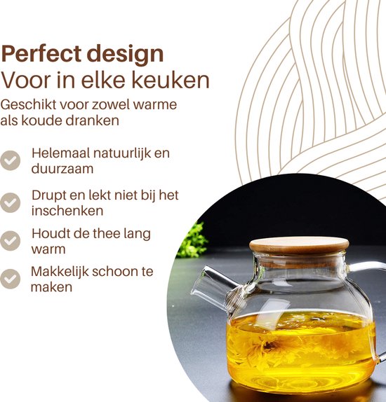 GREENKY® Glazen theepot met filter en bamboe deksel- Theekan - Duurzaam - Filter - Theehouder - Theeglas - Fruitkan - Schenkkan - Teapot - 1Liter - 1000ml