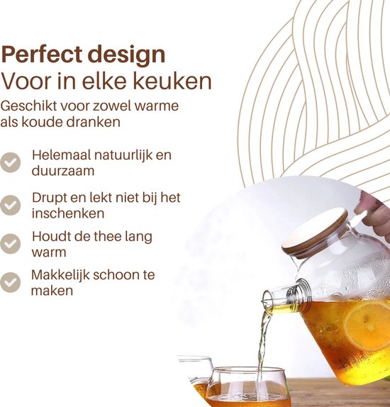 GREENKY® Glazen theepot met filter en bamboe deksel- Theekan - Duurzaam - Filter - Theehouder - Theeglas - Fruitkan - Schenkkan - Teapot - 1,6Liter - 1600ml