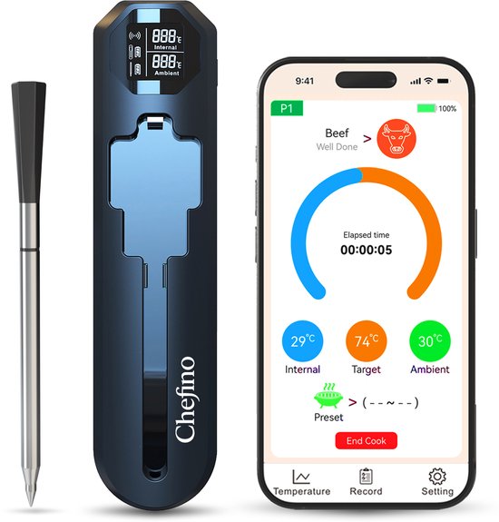 Chefino Slimme Draadloze Vleesthermometer – Bluetooth 5.3 BBQ Thermometer met App – Digitale Kernthermometer voor Grillen, Braden, Oven, Inductie en BBQ – Tot 250m Bereik