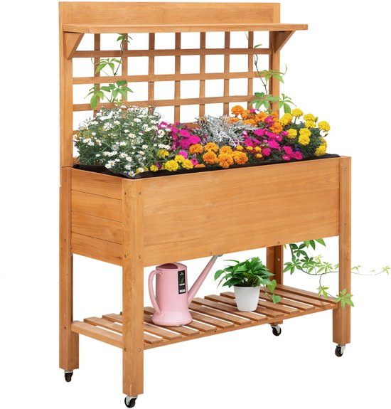 Verhoogde Plantenbak Hout op Wielen met klimrek - 45x105x135 cm