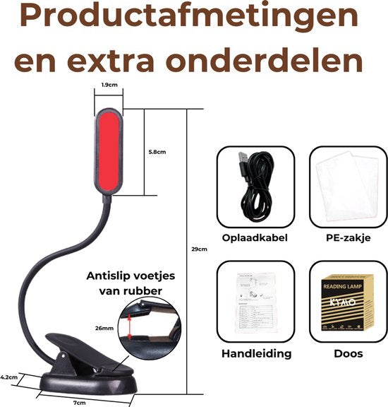 Roodlicht Leeslampje - Stimuleert Melatonine en Bioritme voor Betere Slaap - Klemlamp voor in Bed - Leeslampje voor Boek - Rood Licht Lamp
