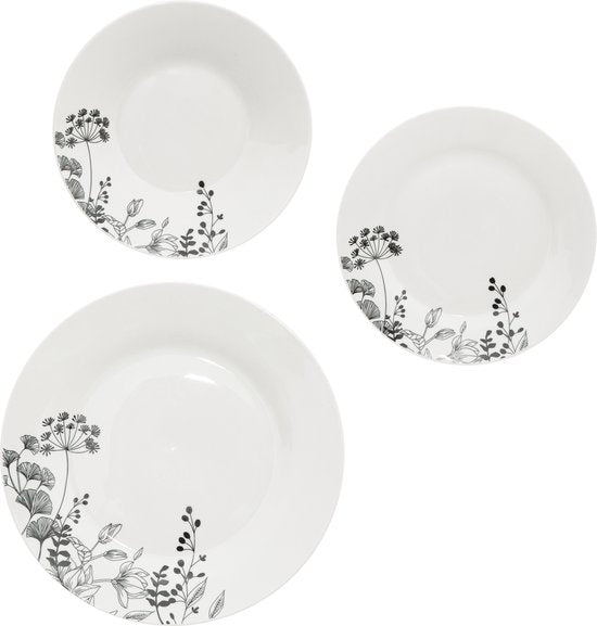 Porseleinen Serviesset Wild Flower 6-persoons 18-delig - Wit/Zwart