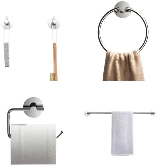 Badkamer Accessoire Set - Chroom – 4-delig – Handdoekstang, WC Rolhouder, Handdoekring & Haak – RVS – Wandbevestiging – Modern Design