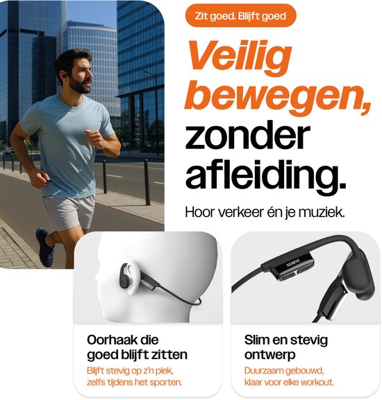 REBØNE® Urban Bone Conduction Headphone – Sport Oortjes Draadloos – Open Ear Hardloop Oordopjes – Bluetooth – 8 uur speeltijd – IPX6 – Zwart