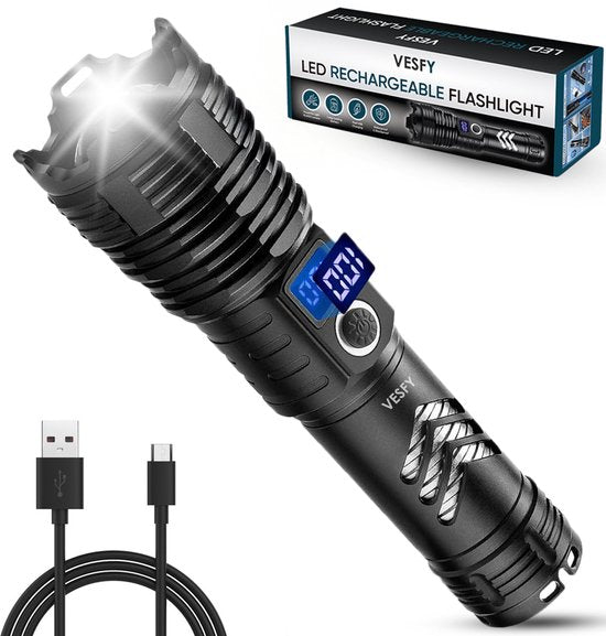 Vesfy LED Zaklamp Oplaadbaar - 10000 Lumen - 5 Lichtstanden - Militaire Zaklamp - IPX6 Waterdicht - Voor Noodpakket & Camping