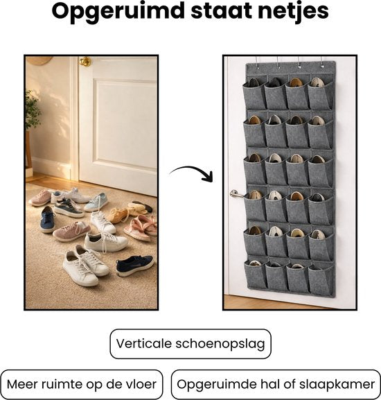 Schoenenkast Hangend - Schoenenzak 24 vakken - Opbergen van Schoenen aan Deur - Schoenenzak licht grijs - Oplossing voor rondslingerende schoenen - Hoogwaardige Schoenenkast
