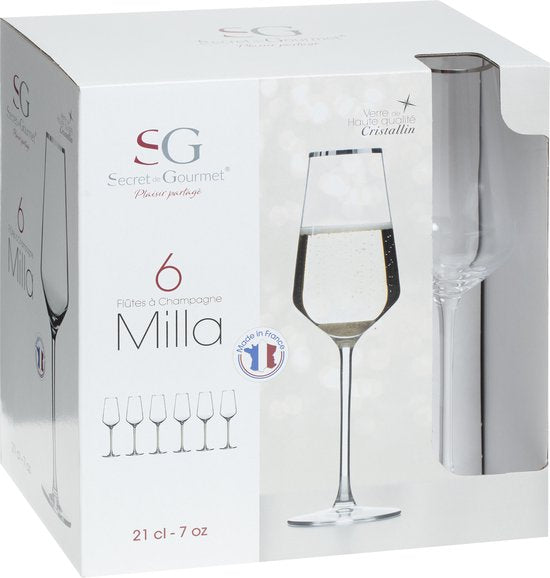 Alvito Champagneglazen set van 6 stuks - inhoud 21 cl - met Zilveren Rand