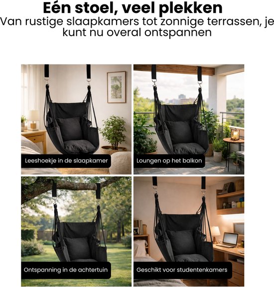 Hangstoel met Kussen – Hangende Stoel voor Binnen en Buiten – Inclusief Ophangset – Belastbaar tot 125 kg – Katoenen Hangstoel voor Tuin, Balkon, Slaapkamer & Balkon – Zwart