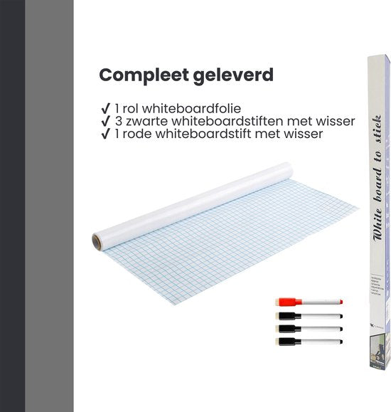 FLOKOO Whiteboard Sticker XL Zelfklevend (200 x 45 cm) met 4 Stiften met Wisser - Whiteboard Folie - Beschrijfbare Muursticker - Whiteboardsticker - Whiteboardfolie - Schoolbord Folie - Memobord Folie