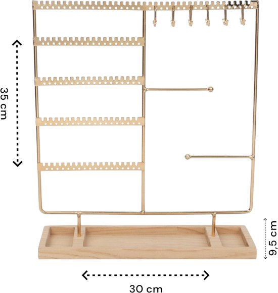 Sieradenhouder - 35 x 30 x 9,5 cm - Goudkleurig - Oorbellenrekje - Display - Hout en Metaal - Oorbellenhouder