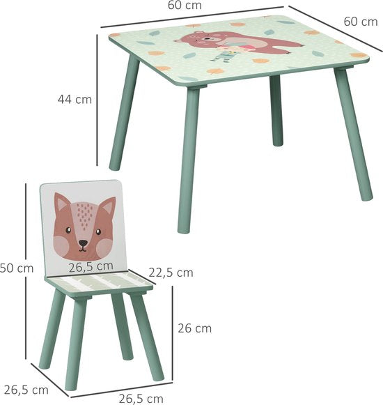 Kinderspeelgroep 3-8 Jaar, 1 Tafel & 2 Stoelen, Schattig Dierenmotief, Groen