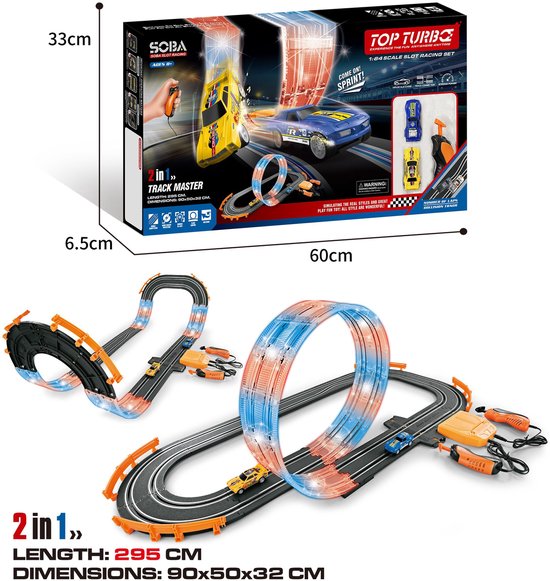 DMG Supply Racebaan - Autobaan Speelgoed - 2 Opstellingen Mogelijk - Dubbele Racebaan met Looping - 2 Auto's - Rondeteller - 3 Meter