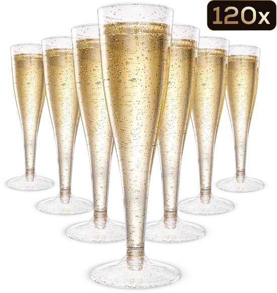 Plastic Champagneglazen - 120 Stuks - Gouden en Zilveren Glitter - Voor Bruiloften, Verjaardagen & Feesten, 135ml - Herbruikbaar